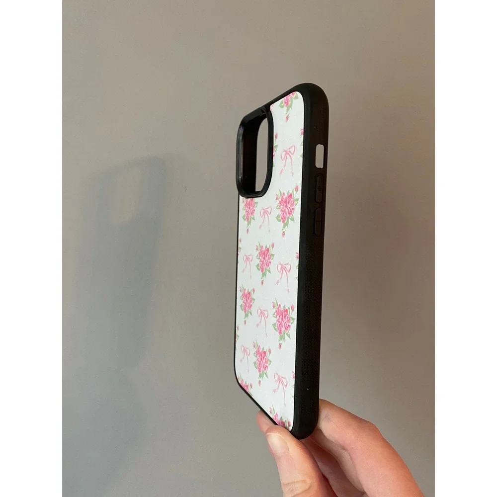 Phone Case iPhone 15 Pro Max White Pink Floral Rose Bow Coquette Aesthetic